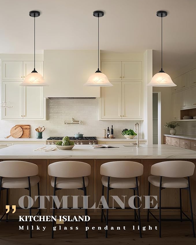 Kitchen Pendant Lights Over Island, 11.8 Inch Alabaster Pendant Light with Frosted, Glass Kitchen Hanging Lights 1 Pack, Black Farmhouse Pendant Lights for Kitchen, Dining Room