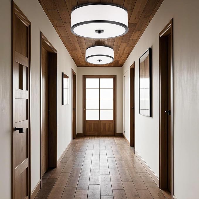 3-Light Flush Mount Ceiling Light Fixture, 12.6 " Drum Light with White Fabric Shade, Modern Close to Ceiling Light for Living Room Bedroom Dining Room Kitchen Hallway Entry (Matt Black)