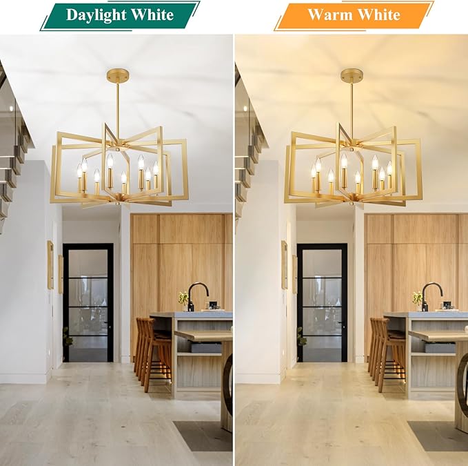 Bairth 8-Light Gold Chandelier, Farmhouse Dining Room Light Fixture, Modern Chandelier, Geometric Industrial Metal Hang Lighting Fixture for Foyer Entryway Kitchen Over Table Hallway Living Room