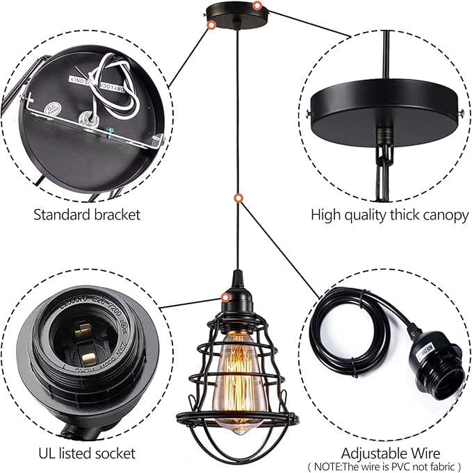 Industrial Pendant Light INNOCCY Edison Hanging Cage Pendant Lights E26 E27 Base Vintage Adjustable Pendant Lamp Fixture for Kitchen Home Lighting 2 Pack