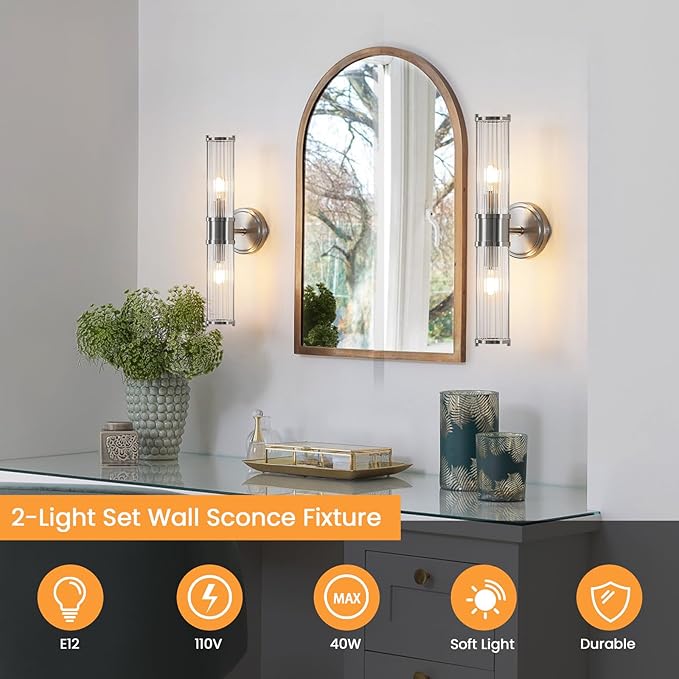 Bathroom Sconce Wall Lighting - Nickel Bathroom Vanity Light Fixture Vertical and Horizontal Wall Mount 2-Light Modern Indoor Wall Light for Hallway Living Room(E12 Bulbs Excluded)