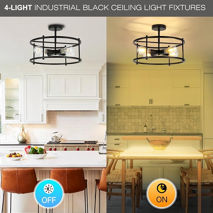 Semi Flush Mount Ceiling Light Fixtures 16.53'' Black Kitchen Light Farmhouse Ceiling Light Fixtures, 4 Light Industrial Semi Ceiling Lights for Bedroom, Dining Room Living Room Hallway