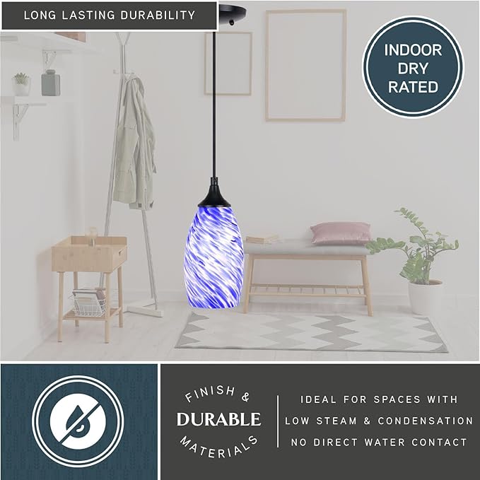 VAXCEL Milano Matte Black Mini Pendant Ceiling Light with Blue Swirl Art Glass