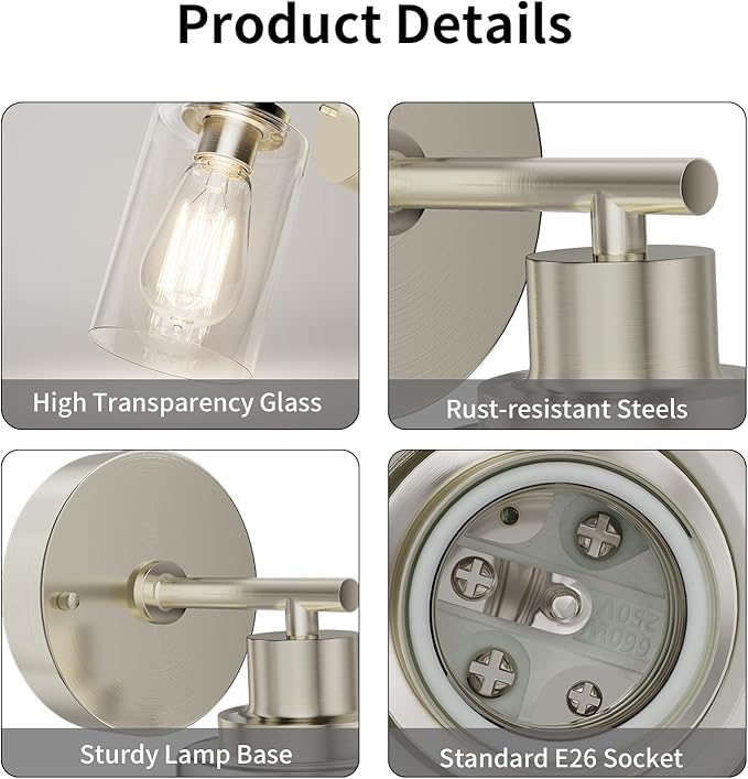 BUTHY Bathroom Wall Sconces Set of Two: Brushed Nickel Vanity Light Fixtures with E26 Base LED Cordless Indoor Wall Mount Lamp for Mirror Bedroom Hallway Stairway Modern Decor Lighting