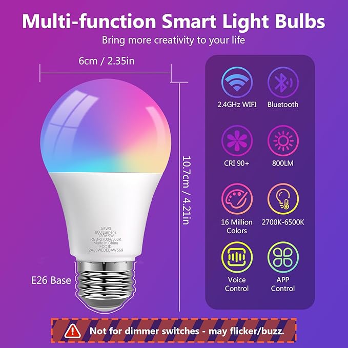 DAYBETTER Smart Light Bulbs, Smart Bulb Compatible with Alexa & Google Home, A19 E26 2.4G WiFi Bluetooth Alexa Light Bulbs, RGBCW Color Changing LED Light Bulb, 60W Equivalent, 800LM, 2Pack