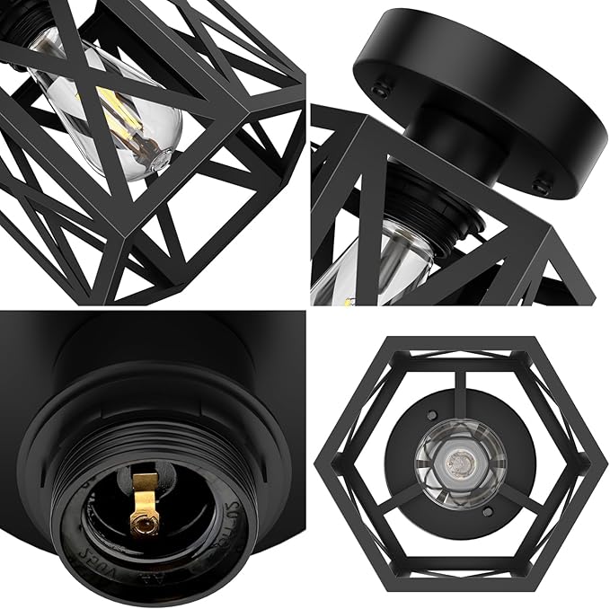2 Pack Modern Semi Flush Mount Ceiling Light,Hexagon Flush Mount Ceiling Lights for Dining Room Light Fixture,Farmhouse Black Metal Kitchen Island Lighting Fixtures for Hallway,Bathroom