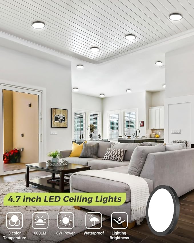 hepside 2PACK Flush Mount LED Ceiling Light Fixture Black, 4.7Inch 8Watt, 3000K-4500K-6000K 3 Color Selectable Ceiling Lamp Low Profile Ceiling Light for Closet Basement Hallway Porch