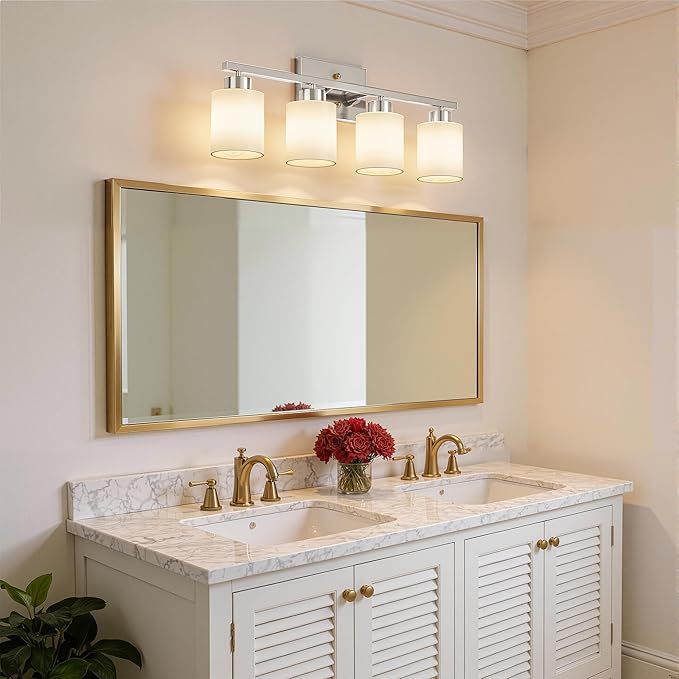 PARTPHONER 4-Light Brushed Nickel Bathroom Light Fixtures, Modern Vanity Light Over Mirror Lighting, Wall Sconce with Frosted Milky White Glass Shades for Bedroom Living Room Kitchen Hallway