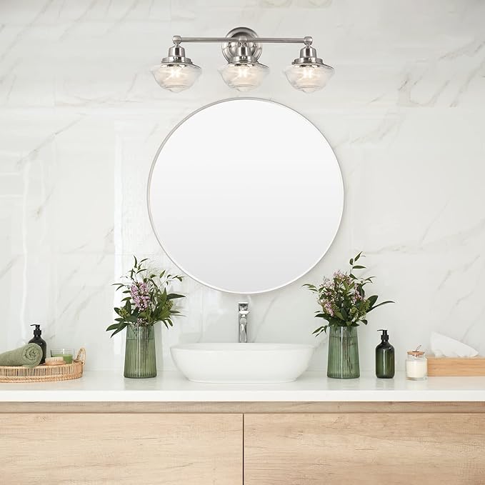 Design House Vintage-Inspired Schoolhouse 3-Light Dimmable Vanity Light, 23.125 in x 7.625 in x 9.5 in, Satin Nickel, Clear Seeded Glass Shades, 589143-SN