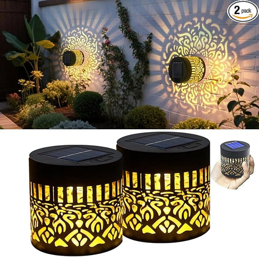 2 Pack Solar Fence Mandala Lights, Solar Wall Lights Projector, Decorative Solar Lights Outdoor, Waterproof Solar Mandala Deck Step Lights for Garden Patio Post Backyard Yard (Mandala-2 Pack, Warm)