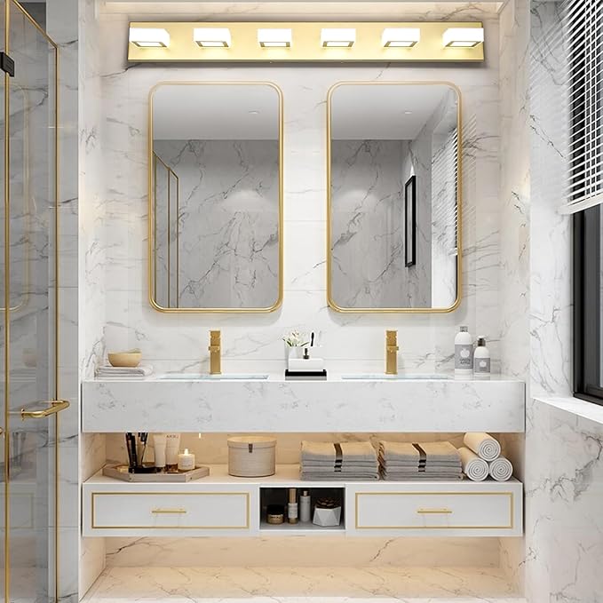 Ralbay Modern Gold Vanity Lights 6 Lights LED Modern Gold Vanity Lights Over Mirror Fixture Acrylic Gold Bathroom Vanity Wall Light (White Light 6000K)