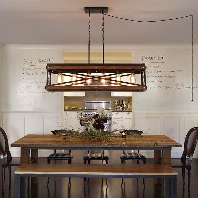 Rustic Farmhouse Plug in Kitchen Island Lighting, 6 Lights Rectangular Pendant Light Fixture with Adjustable Chain, Dimmable Switch, Oak Wood and Metal Linear Chandelier for Dining Room Home, Black
