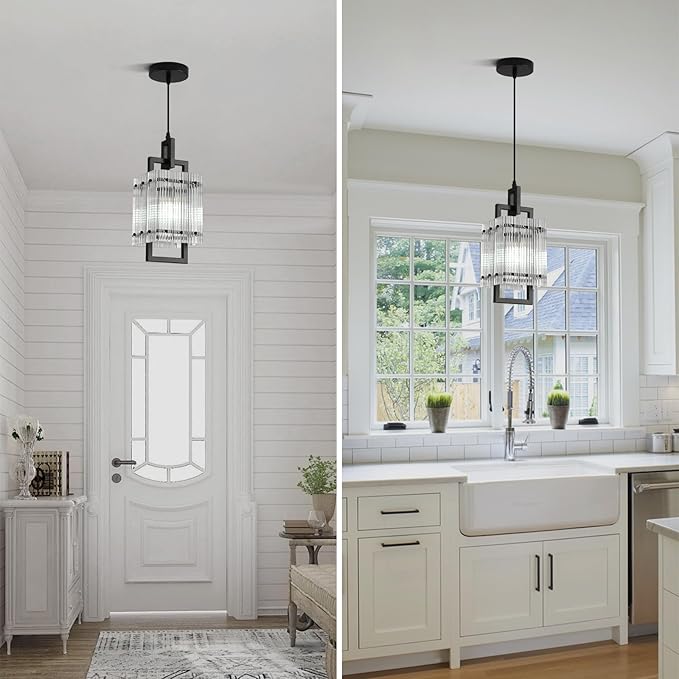 Modern Pendant Light Fixtures with Clear Glass Matte Black Pendant Lights Kitchen Island Adjustable Square Hanging Pendant Lighting for Dining Room Over Sink Hallway 2 Pack 12 inches