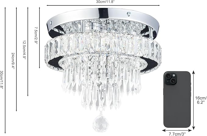 Crystal Chandeliers 11.8" Modern Crystal Light Fixtures LED Flush Mount Chandelier Ceiling Light Chandeliers for Bedrooms Living Room Dining Room Chrome (Warm White)