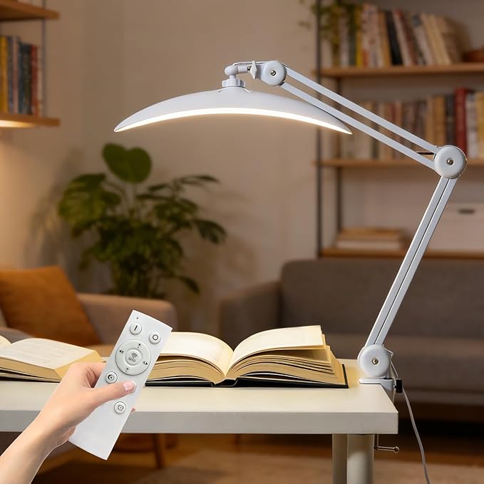 48W Eye-Caring LED Clip On Desk Lamp, 2700K/4200K/5600K with Remote, Curved Design for Focused Lighting, CRI 95+ for Nail, Crafting, Painting, Hobby & Computer