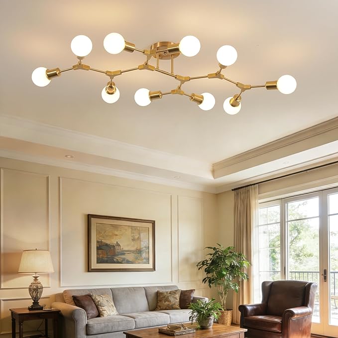 Mid Century Modern 10 Light Semi Flush Mount Ceiling Lighting Fixture for Dining Room Living Room Bedroom Kitchen Office,Metal Gold Long Bright Large Sputnik Chandelier