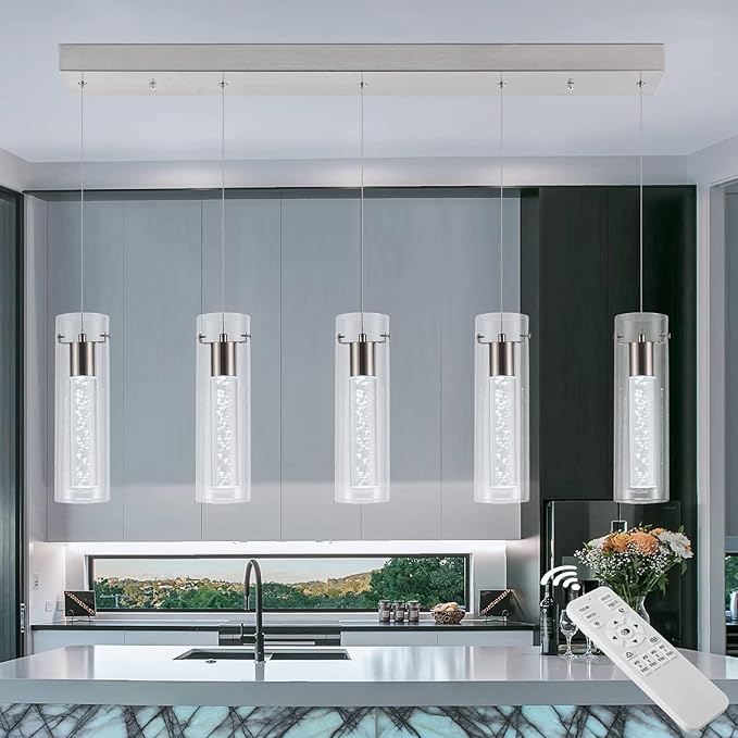 Dimmable Kitchen Pendant Lights, Brushed Nickel Remote Control led Pendant Lighting,3D Modern Pendant Light for Kitchen Dinning Room, Living Room, Corridor, Cafe bar, Club, Restaurant