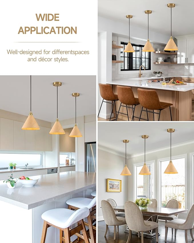 3 Pack Pendant Lights Kitchen Island, 8.3” Modern Pendant Light, Adjustable Height Wood Hanging Light, Kitchen Island Light fixtures for Dining Room, Bedroom, Hallway, Bar(Natural Wood)