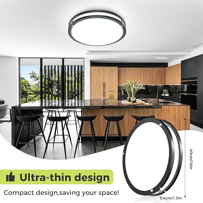 hepside 1 Pack Flush Mount Ceiling Light Fixture, Dimmable & 5CCT Ceiling Light Black, 16inch 36W 3000K 3500K 4000K 5000K 6500K Adjustable Ceiling Lamps for Kitchen Bathroom Bedroom Hallway