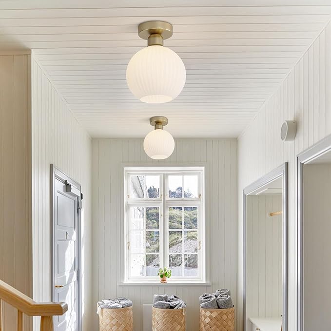 KCO Lighting 1 Ribbed Glass Flush Mount Ceiling Light Set of 2 Small Globe Round Semi Flush Mount Mid Century Modern Entry Hallway Light 2 Pack Gold and White