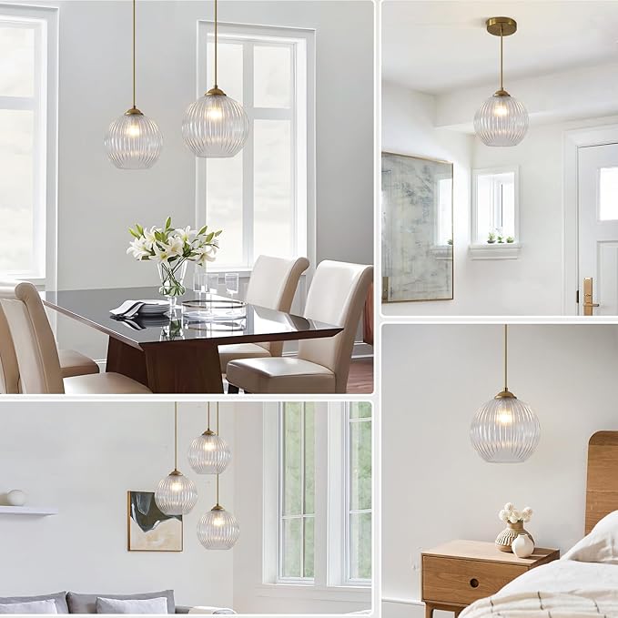 Modern 1 Light Clear Glass Pendant Lights Kitchen Island Large Brushed Gold Pendant Light Vintage Adjustable Height Hanging Globe Ceiling Light Fixture for Dining Room Bedroom Hallway MPL30-B