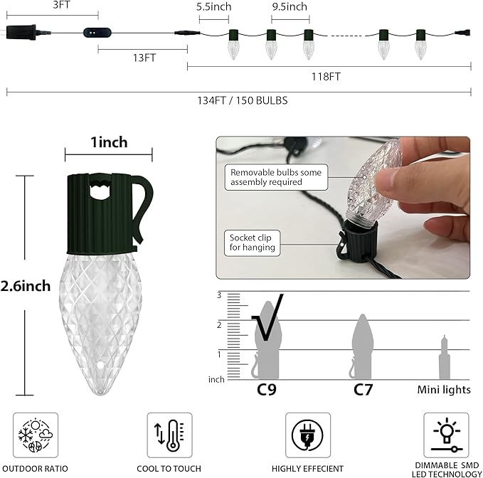 Probro Smart C9 LED Christmas Lights Outdoor 134FT 150 LEDs, App Control, 105+ Lighting Modes, Music Sync, Dimmable, IP65 Waterproof Connectable String Lights for Yard Patio Roofline Decor