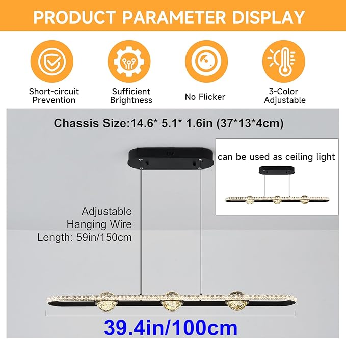 ORANOOR Modern LED Pendant Lights, Dimmable 39in Crystal Globe LED Rectangle Chandelier Lighting, Linear Black Dining Room Hanging Light Fixtures Kitchen Island Pendant Light Over Dining Table, 40W