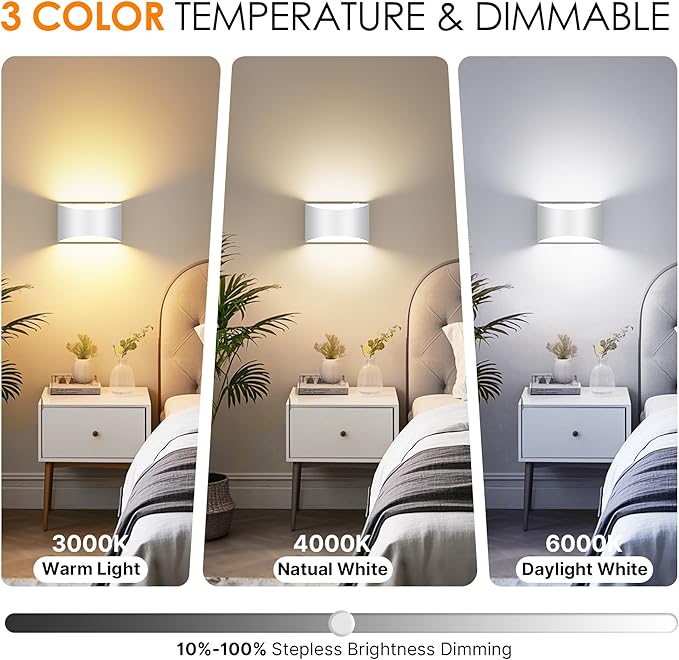 FOLKSMATE Battery Operated Wall Sconces Set of 2, White Rechargeable Remote & Touch Wall Lamps, 3 Color Temperatures, Dimmable Lamp for Bedroom, Living Room, Hallway