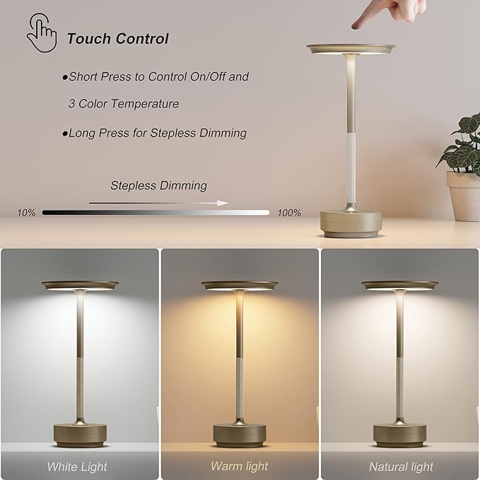 TBBGA 2 Pack Rechargeable Cordless Table Lamps, Portable 5000mAh Outdoor Table Light, 3 Color Stepless Dimming LED Table Lamp with Memory Function, for Home/Dinner/Patio/Restaurant.(Champagne Gold)