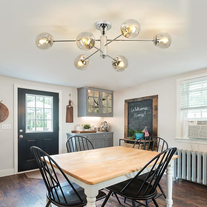 hesoge Modern Sputnik Ceiling Lights 6 Light Semi Flush Mount Ceiling Fixture with Glass Globes Chrome Chandelier for Dining Room Bedroom Living Room Kitchen Farmhouse.