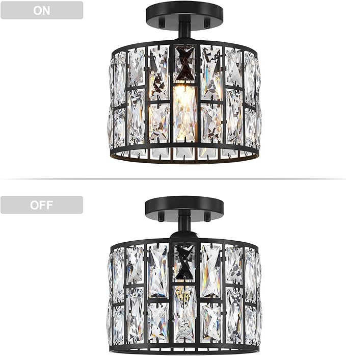 1 Light 9.25" Crystal Hanging Kitchen Island Ceiling Light Black Finish,Concise Semi Flush Mount Fixture Crystal Pendant Chandelier Shade for Bar,Dining Room,Living Room Over Sink