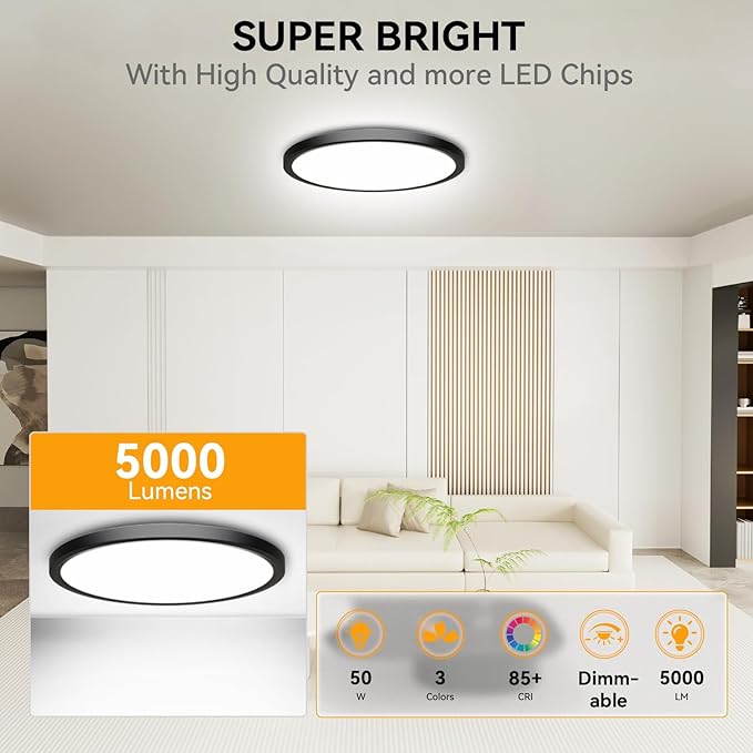 3CCT 3000k/4000k/6000k Selectable, Led Flush Mount Ceiling Light, 20 Inch 5000LM Round Modern Flat Panel,Super Slim for Living Dining Kitchen Bedroom Room