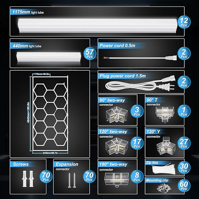 FERUERW Hexagon Garage Lights 3 Level Dimmable with Rectangle Frame, High Brightness 672W 26000 to 86400LM 6500K, 14 Hex Grid for Garage, Shop, Basement, Car Detailing Shop etc. with Mounting Clip