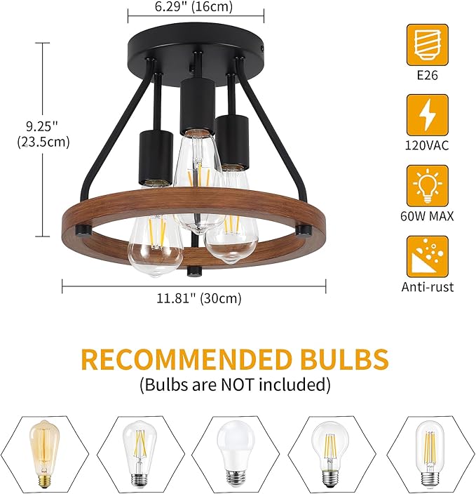 Modern Farmhouse Wood Semi Flush Mount Ceiling Light, Hallway Light Fixtures, Entryway Light Fixture, 3-Light Rustic Industrial Ceiling Lamp for Kitchen Bedroom Laundry Dining Room Lighting Fixtures
