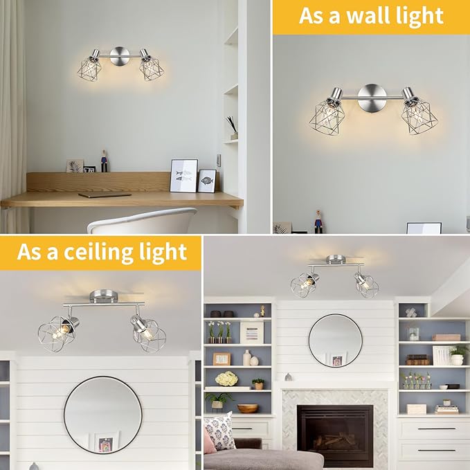 WILON Industrial Track Lighting Kit, 2 Light Modern Track Lighting Fixtures Brushed Nickel Flush Mount Ceiling Light Rotatable Light Head E26 Base Ceiling Spotlight for Kitchen Dining Room Hallway