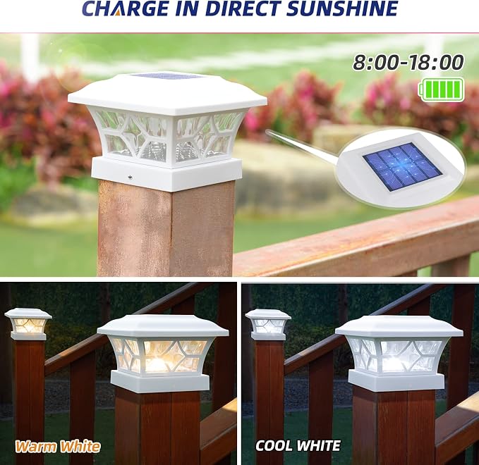 APONUO Solar Post Cap Lights 8 Pack with 1000mAh Battery - for 4x4 5x5 6x6 Fences, Larger Size & Longer Lasting, 2-Mode, IP64 Waterproof, for Deck Patio Yard (White)