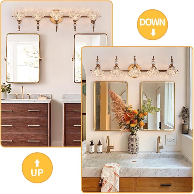 Brass 5-Light Bathroom Vanity Light, Vintage Bathroom Lighting Fixtures with Thick Crystal Glass Shade, Living Room