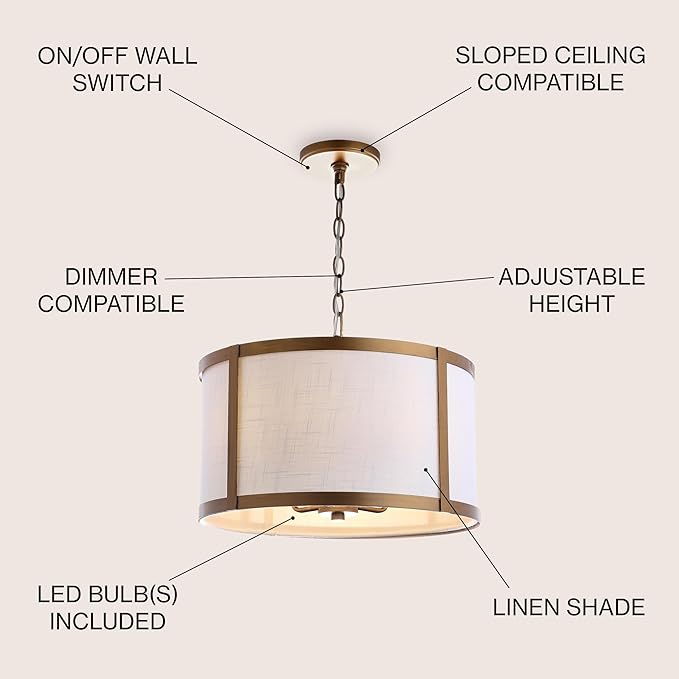 JONATHAN Y 17" Gold/White Metal LED Pendant Light for Kitchen Island, White Linen Drum Shade, Transitional Ceiling Hanging Fixture for Dining Room, 4 Bulbs Included (JYL3510B)