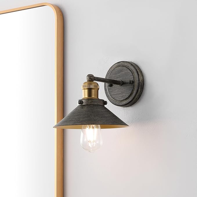 JONATHAN Y 7.88" Rustic Dark Gray/Brass Gold 1-Light Industrial Farmhouse Metal Vanity Light Wall Sconce, Metal Shade for Bathroom Mirror, Kitchen, Entryway, LED Bulb Included (JYL7426D)