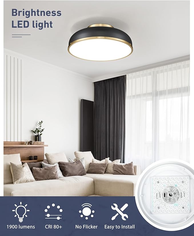 kudos Ceiling Light, 16-inch LED Flush Mount Ceiling Light, Black and Gold Finish, 30W/1900lm Light Fixtures Ceiling Mount for Bedroom,Hallway, 3000K/3700K/4500K/5100K/6000K Adjustbale, KDCL15-BK-L