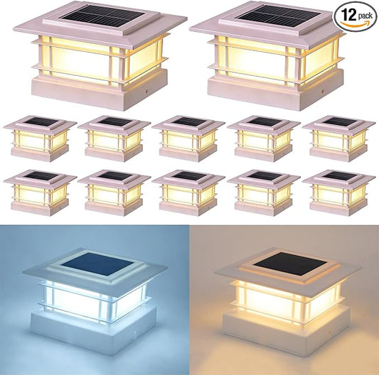 Dynaming 4x4 Solar Post Cap Lights Outdoor with 2 Color Modes, 12 Pack Fence Post Solar Lights White Shell Fit for Vinyl/Wooden Posts, High Brightness SMD LED Lighting Decor for Garden Deck Patio