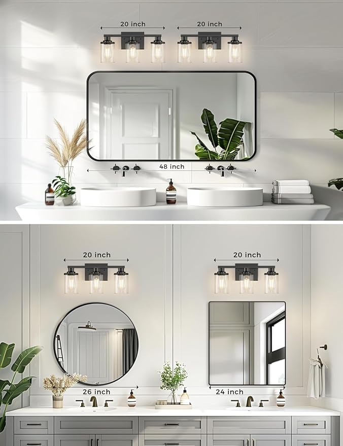 DORESshop 20 Inch Bathroom Light Fixtures, 3-Light Black Bathroom Lighting Fixtures Over Mirror with Clear Glass Shade, Vanity Lights for Bathroom Living Room Bedroom, ETL Listed