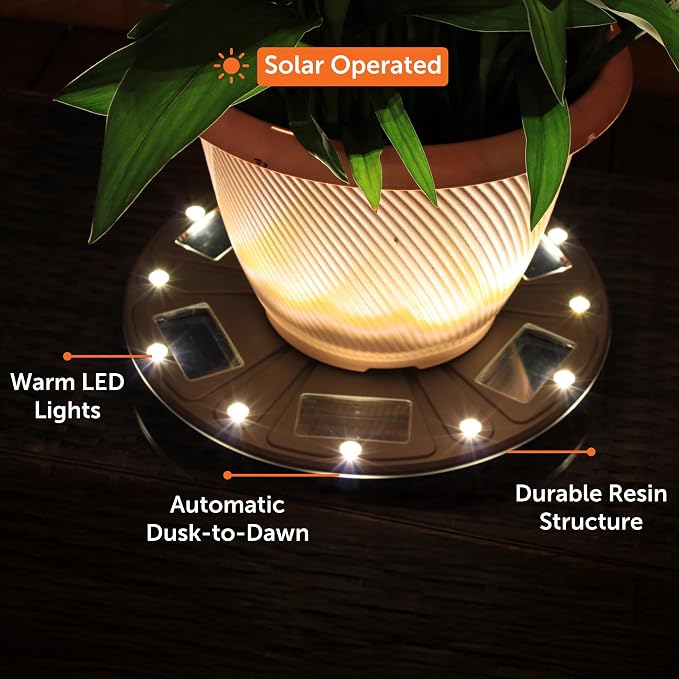 Gama Sonic 15" Illuminated Plant Stand for Outdoor, Solar Power, Brown Base for Exterior Potted Plants, Entryway, Pathway, Landscape Planter Lighting (78i50465)