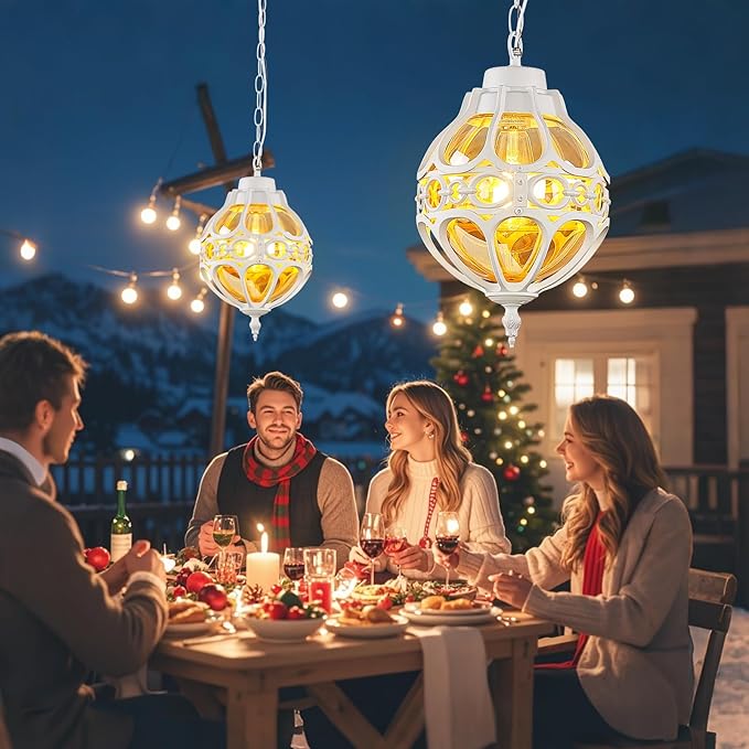 Dusk to Dawn Globe Outdoor Pendant Lights,Vintage Exterior Hanging Pendant Light Fixtures with Adjustable Chain, Aluminum White Outdoor Chandelier for Porch, Gazebo,with Sensor,Large