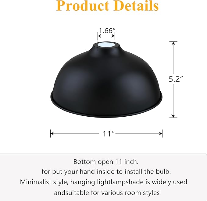 Industrial 11" Metal Drum Replacement Shades,1.6" Fitter Opening for Threaded Medium Base Socket,H5.2*D11 Black Finish 3 Pack