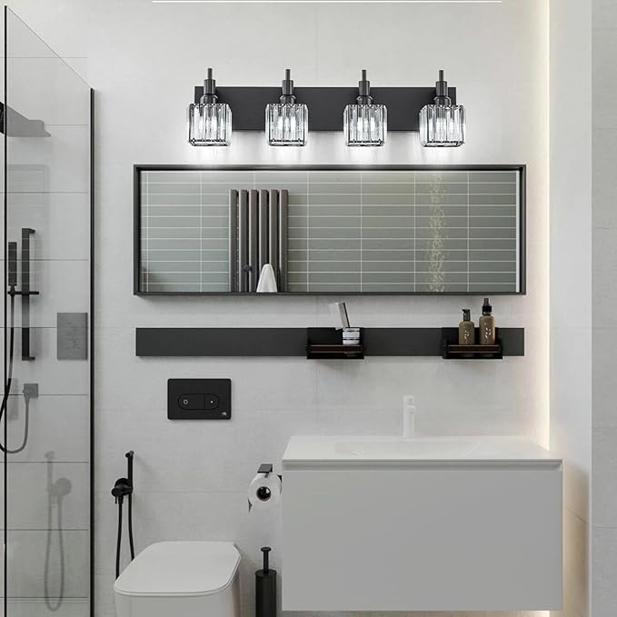 Black Crystal Bathroom Vanity Light 4-Light Modern Bathroom Lighting Fixtures Over Mirror Black Wall Sconce with Square Shade