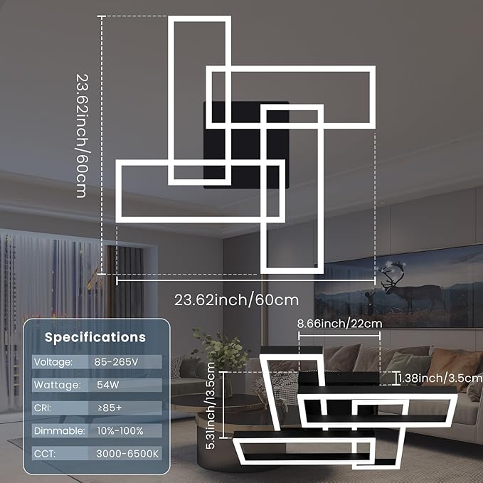 EIDISUNY Modern Led Ceiling Light for Living Room,Black Flush Mount Ceiling Lights with Remote Control&APP，3000-6500K Dimmable, 54W Acrylic Ceiling Lamp for Bedroom Kitchen Dining Room