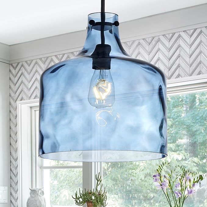 CATINER 16" Extra Large Farmhouse Pendant Light – Hand-Blown Blue Hammered Glass Shade, Black Finish, Adjustable Chain Hanging Light Fixture for Kitchen Island, Dining Room, Hallway