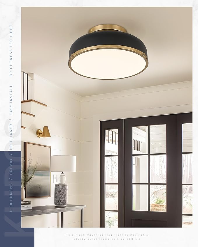 Kudos Ceiling Light, 12-inch LED Flush Mount Ceiling Light, Black and Gold Finish, 24W/1100lm Light Fixtures ceiling mount for Living Room, Bedroom, 3000K/3700K/4500K/5100K/6000K Adjustbale, KDCL15-BK