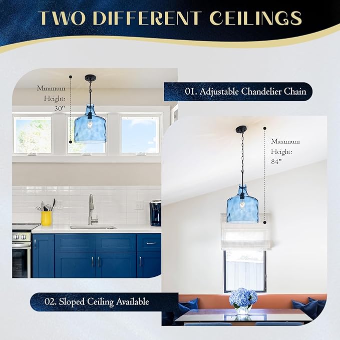 Farmhouse Pendant Light – Hand-Blown Blue Hammered Glass Shade, Black Finish, E26 Socket, Adjustable Chain Hanging Light Fixture for Kitchen Island, Dining Room & Hallway, 15" H x 12" D